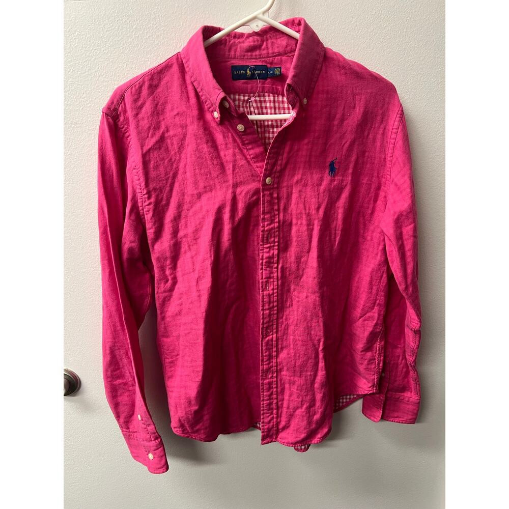 Ralph Lauren Women’s L Pink Double Face Gingham Cotton Button Down Pony Shirt - Picture 3 of 11
